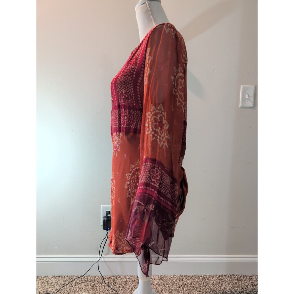 NYC Design Co. Sheer Embellished Tunic Top L Silk Blend Maroon Long Sleeve China - Picture 6 of 9